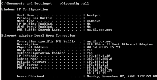 ipconfig all - ICT 20 Netwerken Commando,20: nslookup -type=mx [domein] network CMD,19: getmac network CMD,18: systeminfo network CMD,17: hostname network CMD,16: nbtstat -a [IP-adres] network CMD,15: ipconfig /flushdns network CMD,14: telnet [adres] [poort] network CMD,13: tracert -d [adres] network CMD,12: route print network CMD,11: arp -a network CMD,10: netsh wlan show networks network CMD,9: netsh wlan show profiles network CMD,8: netstat -n network CMD,7: netstat -a network CMD,6: netstat network CMD,5: nslookup [domein] network CMD,4: tracert [adres] of traceroute [adres] network CMD,3: ping [adres] network CMD,2: ipconfig /all network CMD,1: ipconfig network CMD