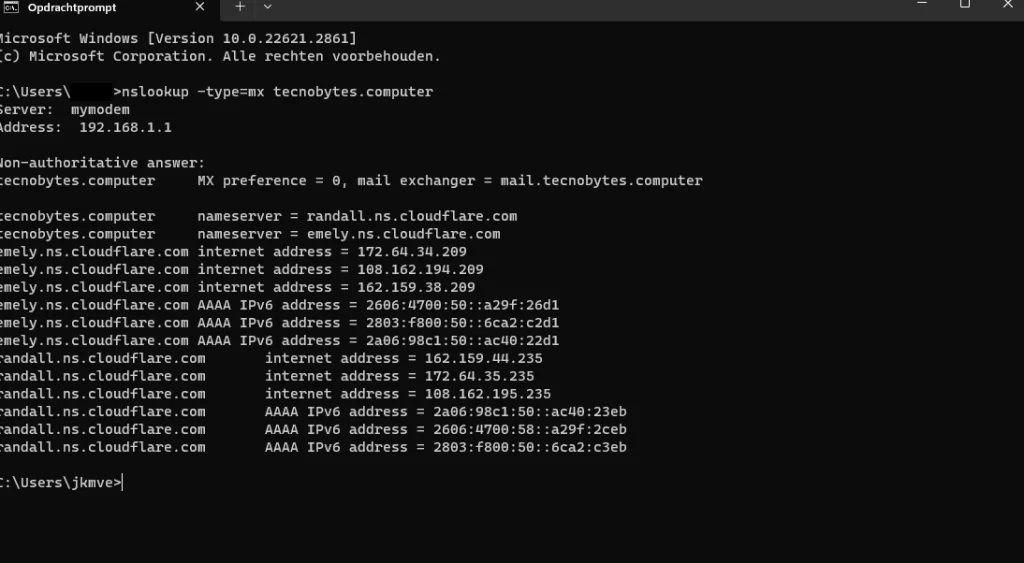 nslookup typemx domein - ICT 20 Netwerken Commando,20: nslookup -type=mx [domein] network CMD,19: getmac network CMD,18: systeminfo network CMD,17: hostname network CMD,16: nbtstat -a [IP-adres] network CMD,15: ipconfig /flushdns network CMD,14: telnet [adres] [poort] network CMD,13: tracert -d [adres] network CMD,12: route print network CMD,11: arp -a network CMD,10: netsh wlan show networks network CMD,9: netsh wlan show profiles network CMD,8: netstat -n network CMD,7: netstat -a network CMD,6: netstat network CMD,5: nslookup [domein] network CMD,4: tracert [adres] of traceroute [adres] network CMD,3: ping [adres] network CMD,2: ipconfig /all network CMD,1: ipconfig network CMD