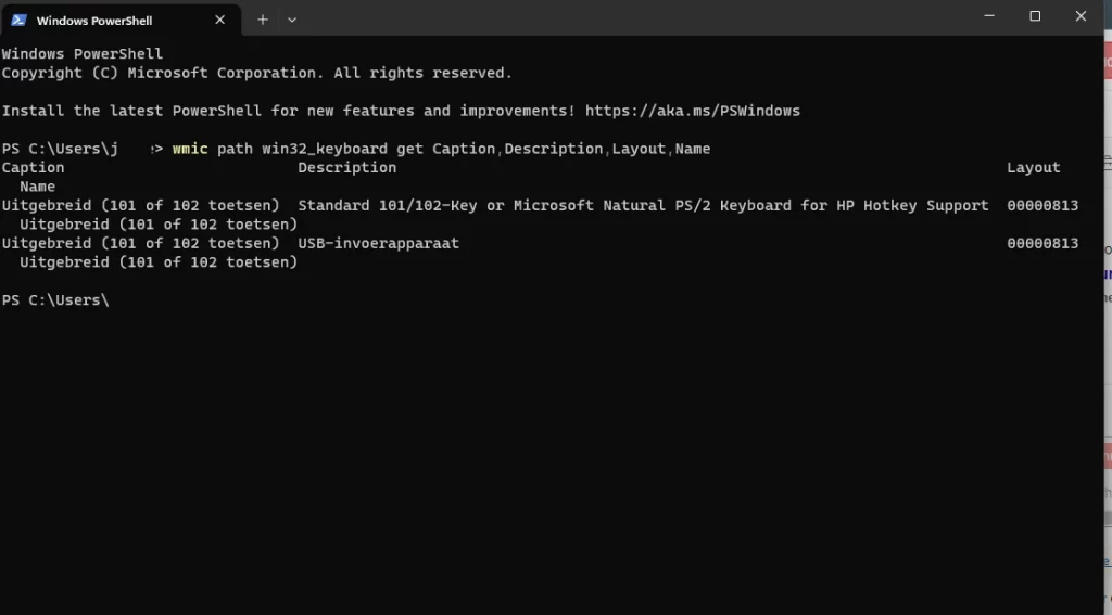 wmic path win32_keyboard get Caption,Description,Layout,Name