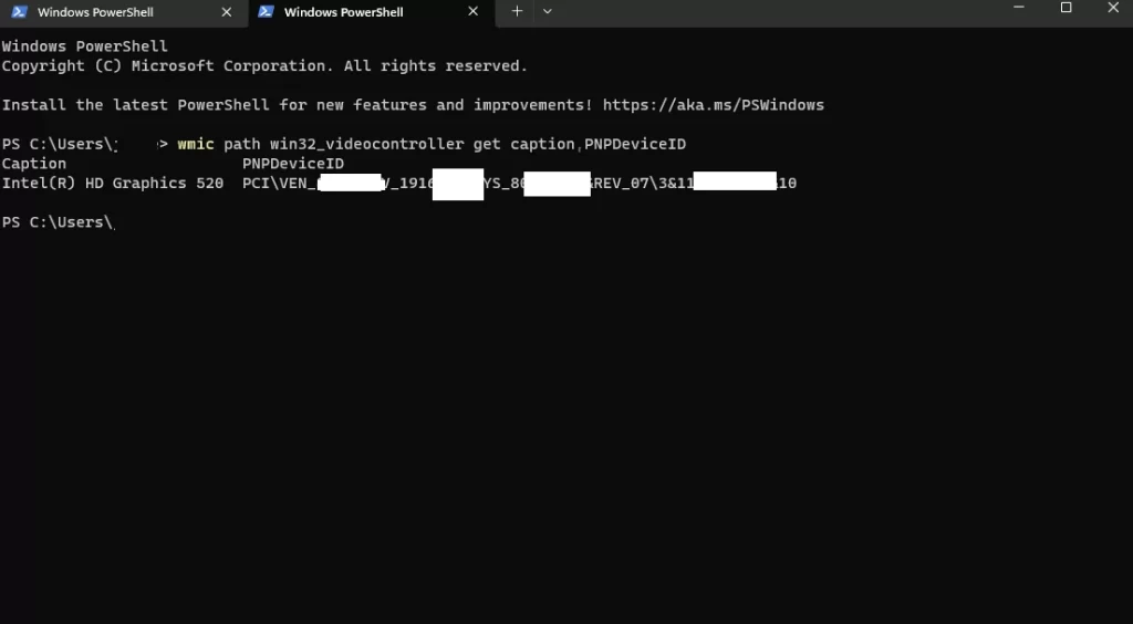 wmic path win32_videocontroller get caption,PNPDeviceID