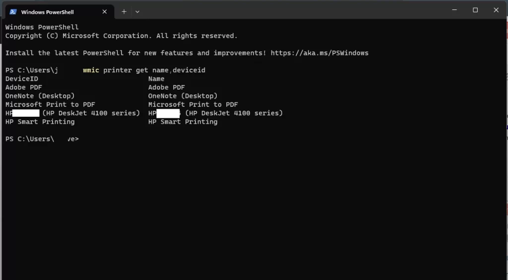 wmic printer get name,deviceid